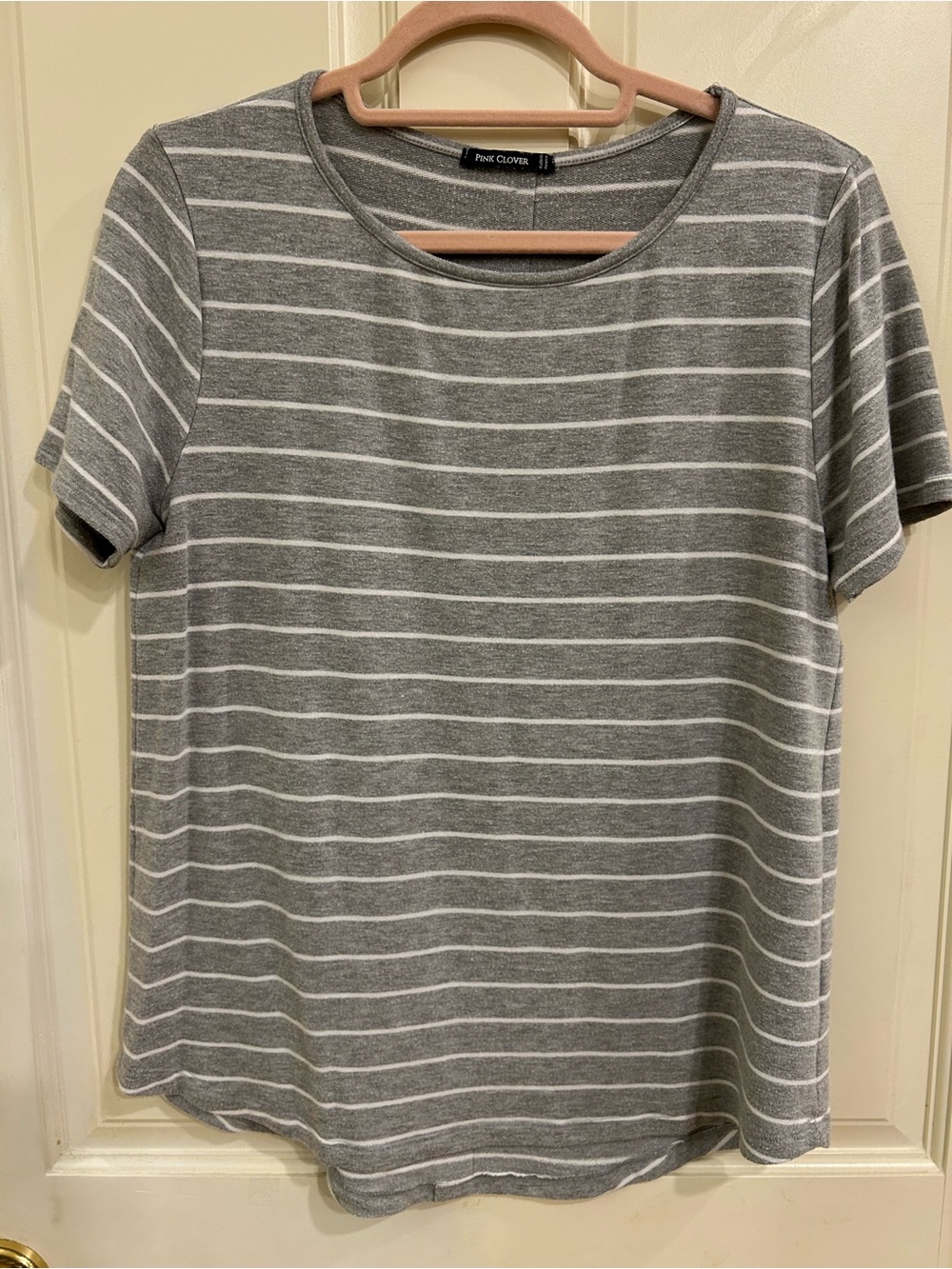 Pink Clover Gray White Striped Short Sleeve Tee Size M Good Condition